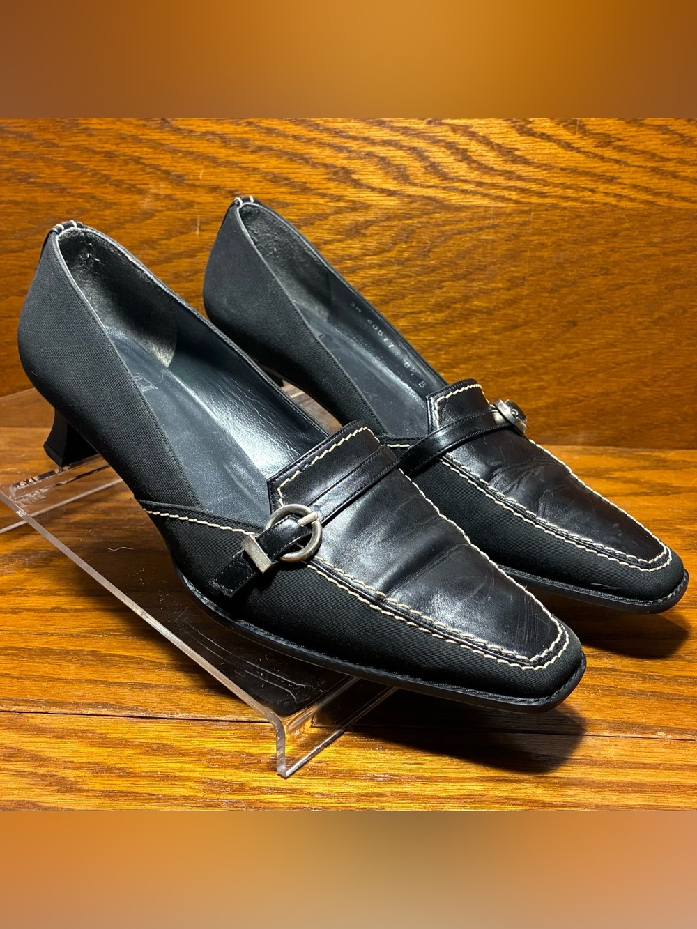 Y2K Vintage Stuart Weitzman Horsebit Loafer Pumps Black Leather & Fabric Sz 8.5